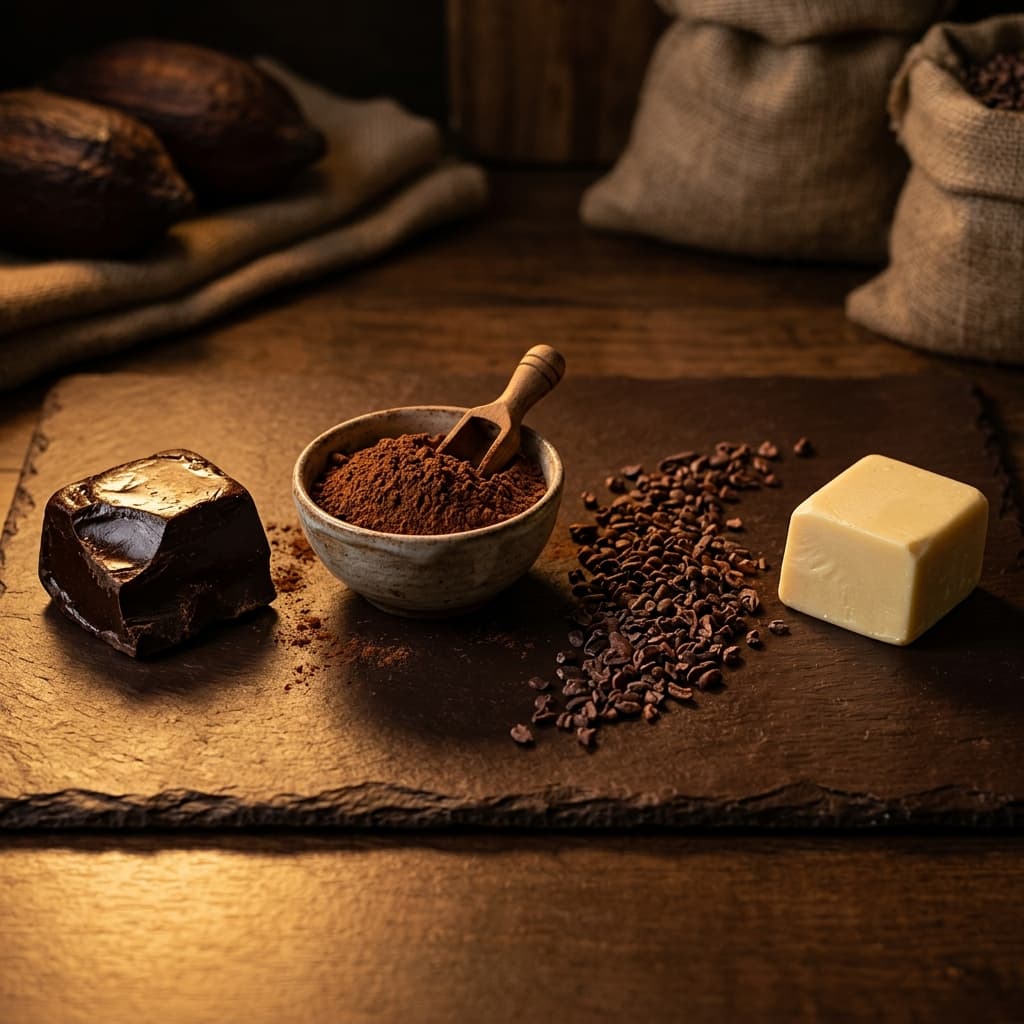 Java Criollo premium cacao ingredients — cocoa liquor, powder, nibs, butter